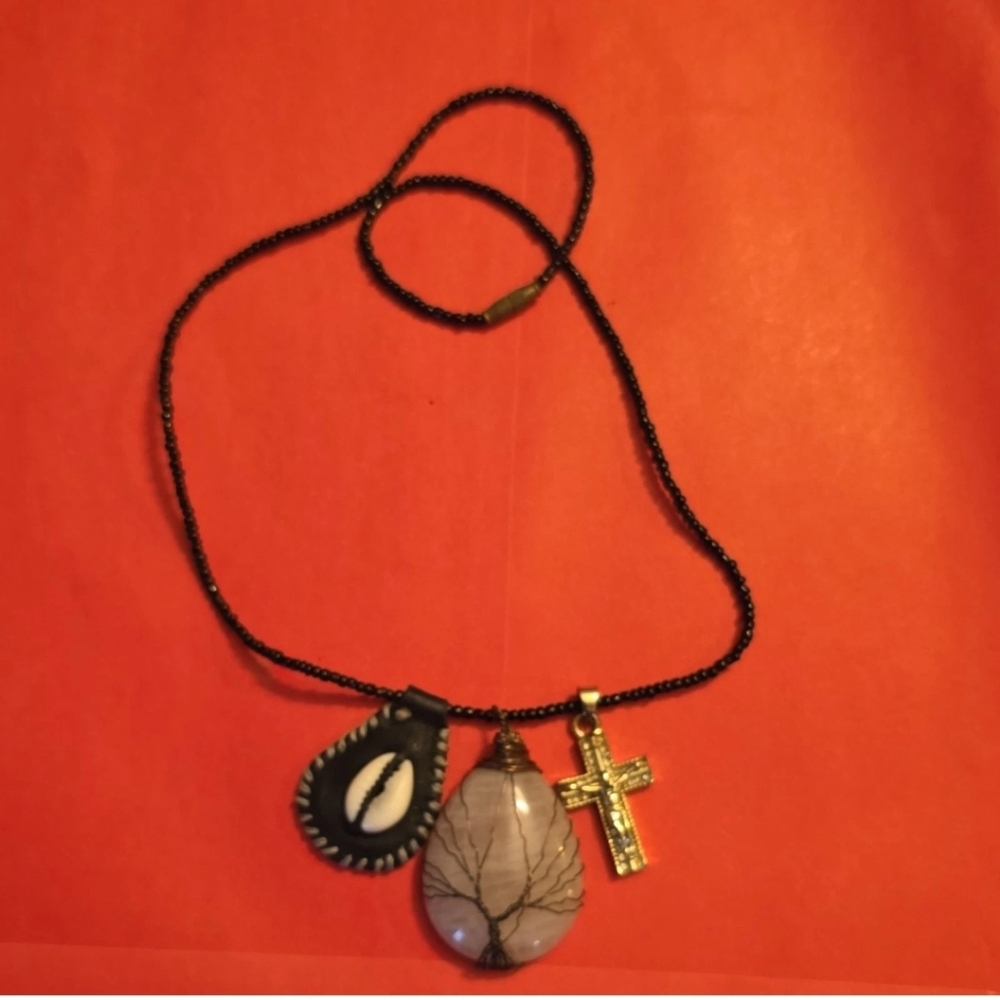 Black Beaded Charm Necklace with Shell, Stone & Cross